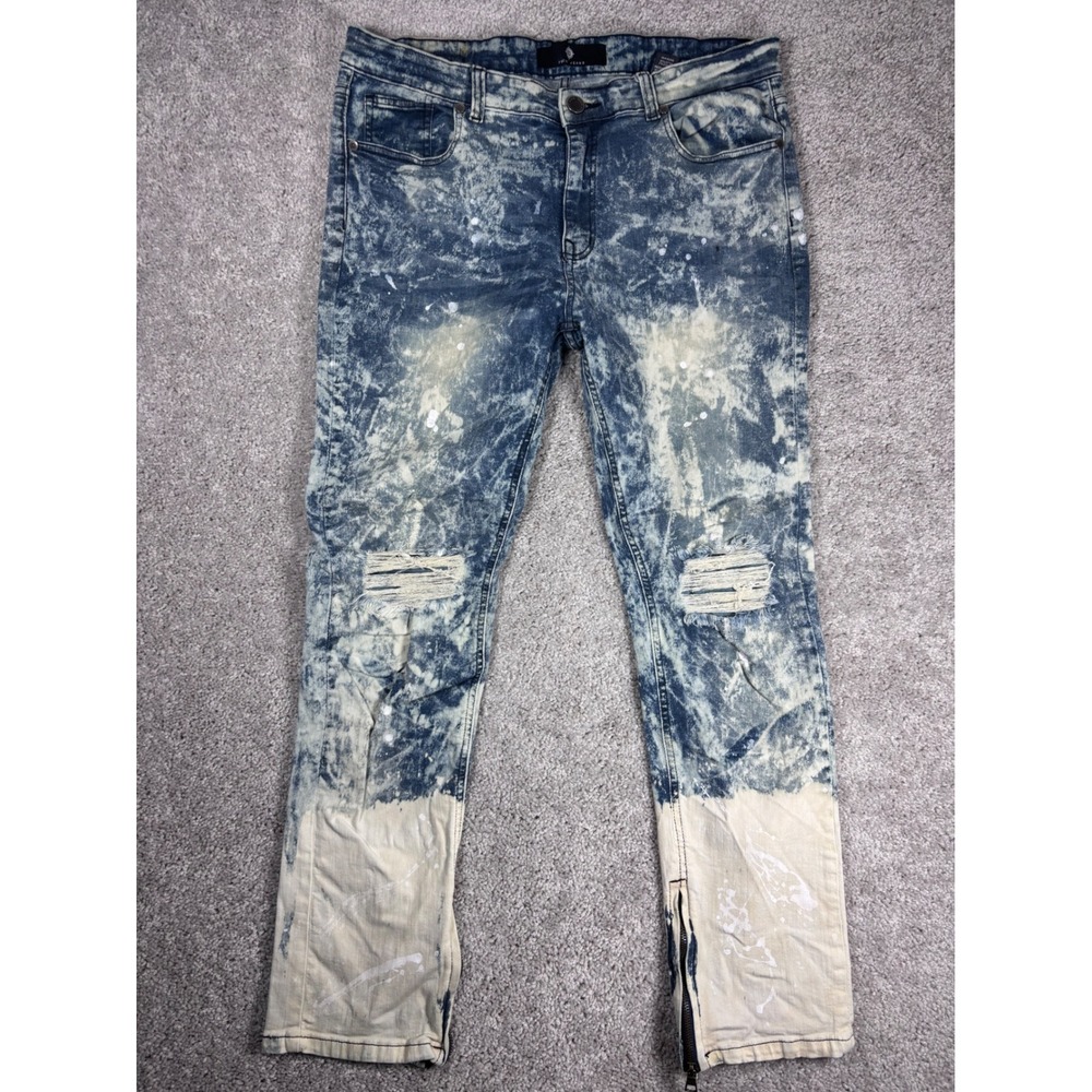 Focus Jeans Mens 36x32 Acid Wash Bleached Distressed Paint Splatter Ankle‎ Zip